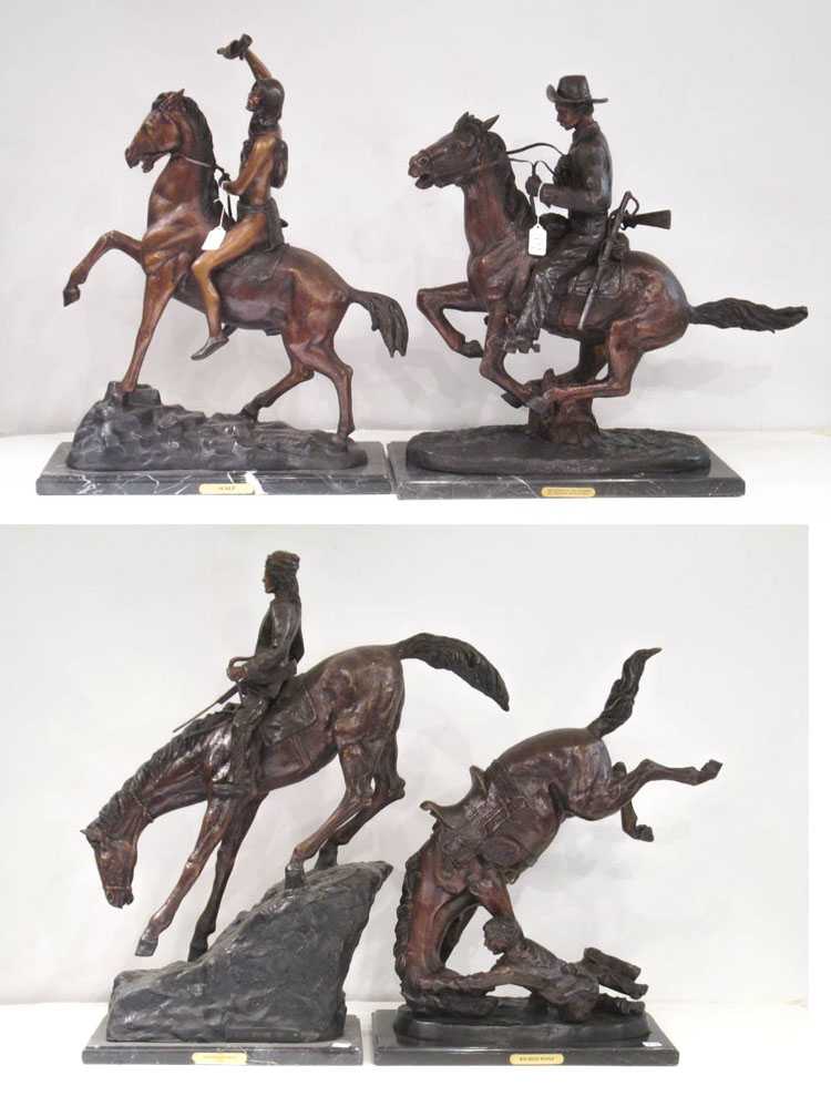 Appraisal: FOUR WESTERN BRONZE HORSE AND RIDER SCULPTURES after Frederic Sackrider