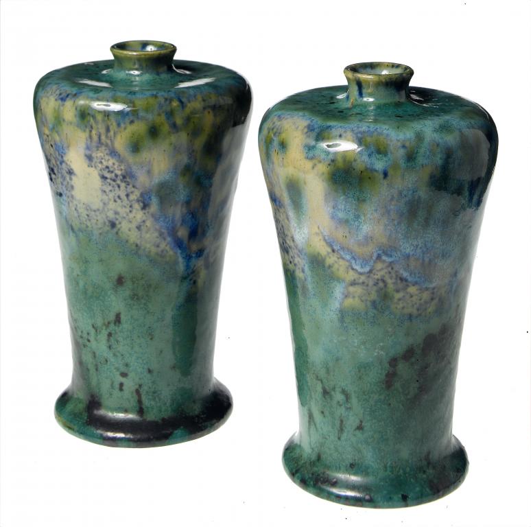 Appraisal: A PAIR OF RUSKIN VASES the mottled moss green souffl