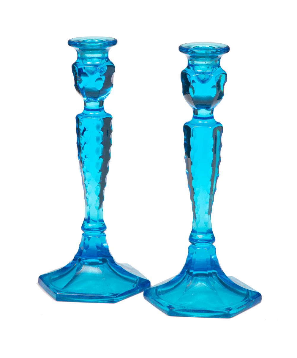 Appraisal: Pair of American Blue Cut Glass Candlesticks hexagonal base h