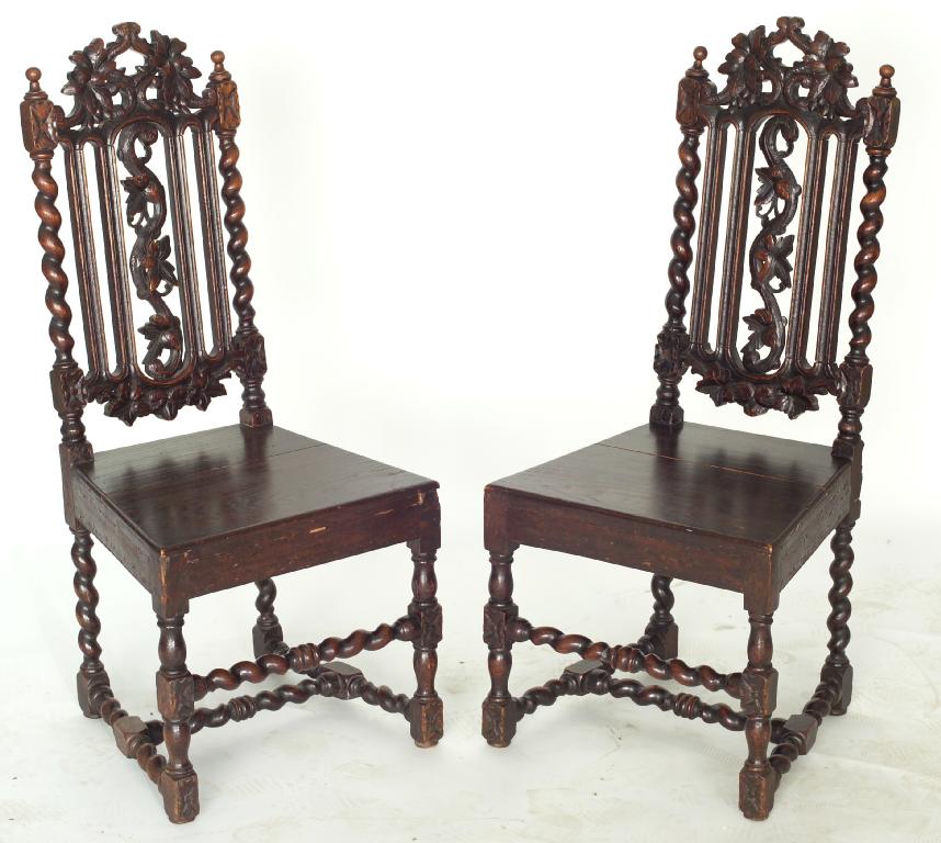 Appraisal: PAIR OF CAROLEAN STYLE OAK SIDE CHAIRS c each with