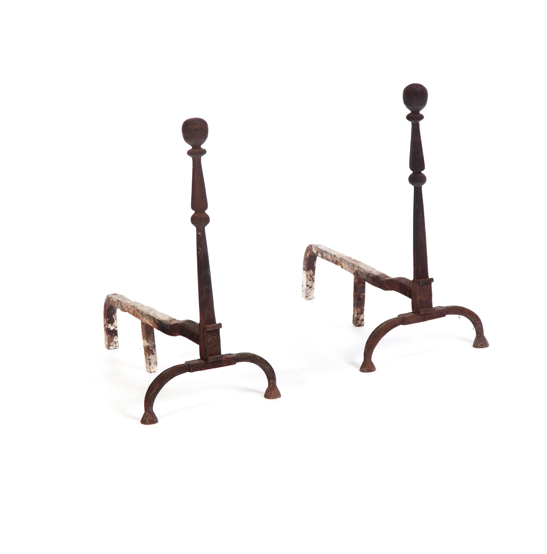 Appraisal: PAIR OF AMERICAN WROUGHT IRON ANDIRONS Nineteenth century Scroll detail