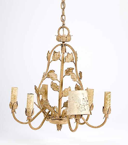 Appraisal: ANTIQUED WHITE AND GOLD WROUGHT IRON CHANDELIER Wrought iron chandelier