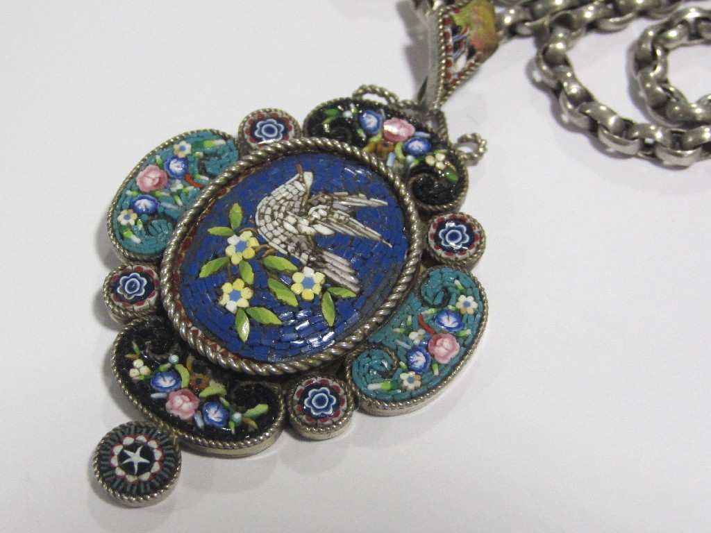 Appraisal: Lot comprising a silver micro mosaic pendant depicting bird and