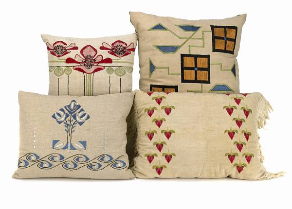 Appraisal: A group of four Arts and Crafts embroidered linen cushions