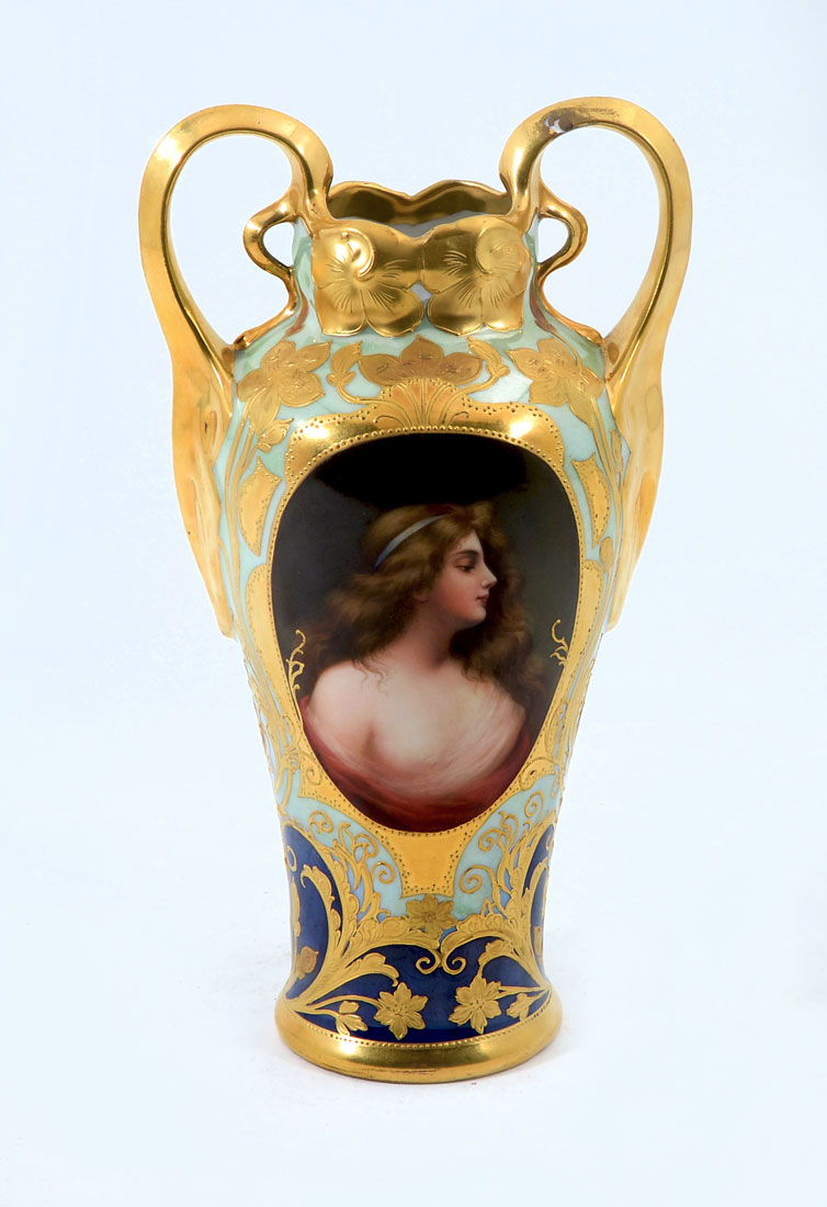 Appraisal: TH CENTURY ROYAL VIENNA PORTRAIT VASE gilt handles light green