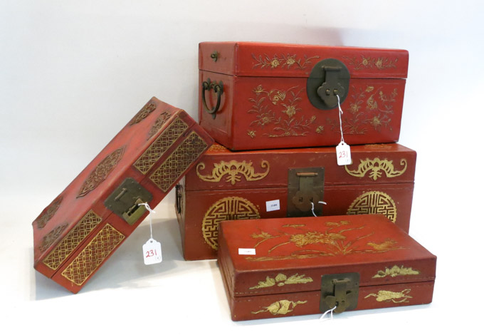 Appraisal: FOUR LEATHER COVERED CHINESE BOXES two are trunk type with