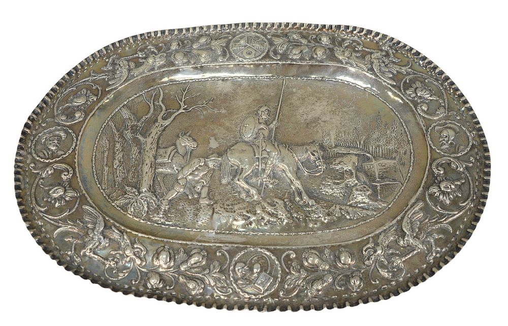 Appraisal: Silver Embossed Tray with Don Quixote on Donkey and landscape