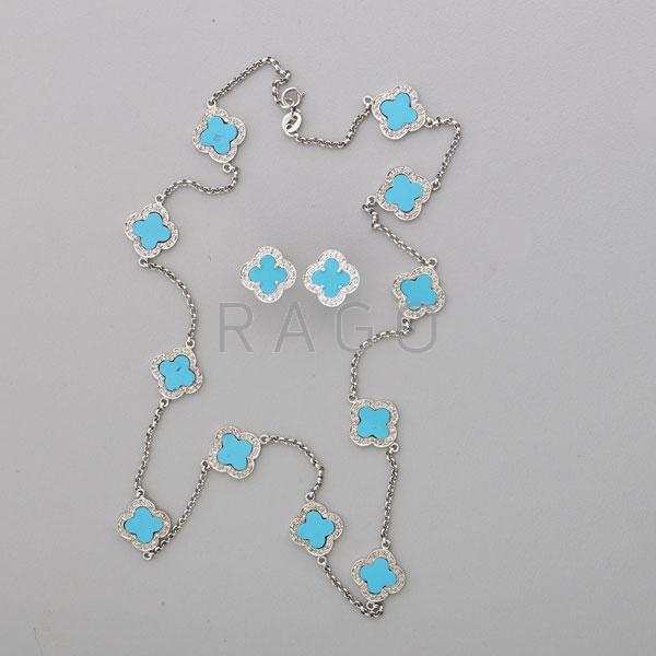 Appraisal: TURQUOISE DIAMOND K GOLD NECKLACE AND EARRINGS Condition Report