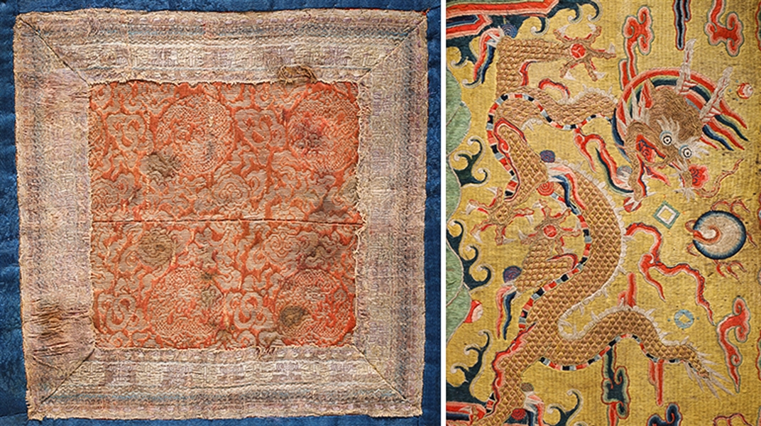 Appraisal: Two antique Chinese silk embroideries including small peach toned square