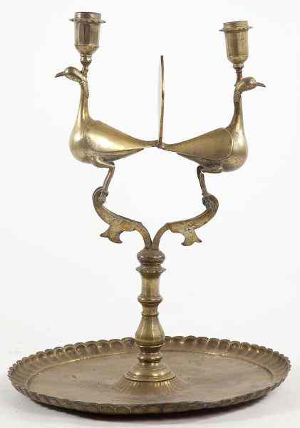 Appraisal: Persian Brass Peacock Candelabrum th century tray base lobed gallery