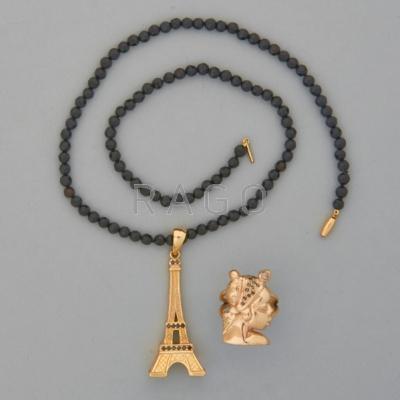 Appraisal: K GOLD JEWELRY WITH BLACK DIAMONDS th C Eiffel Tower