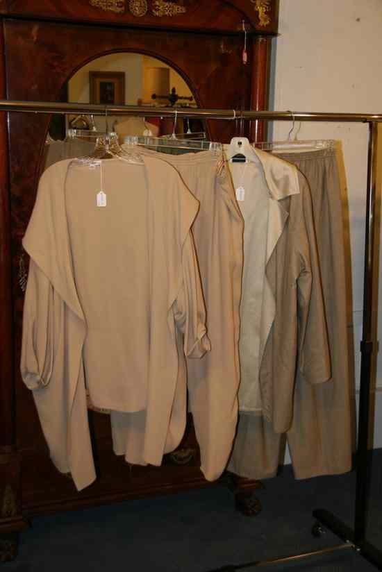 Appraisal: TWO ZORAN PANTSUITS One beige silk comprising wide-leg pants and