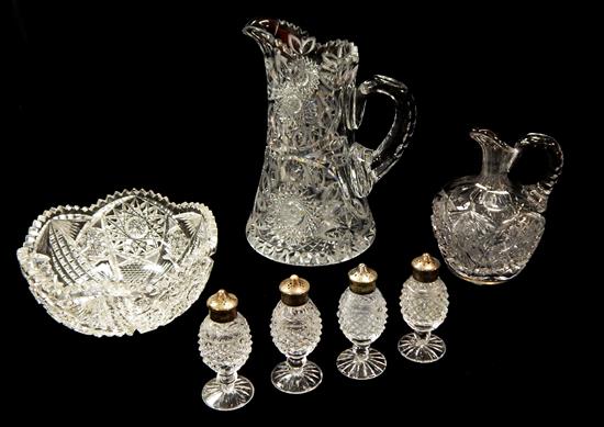 Appraisal: th C cut glass seven pieces total waisted pitcher h