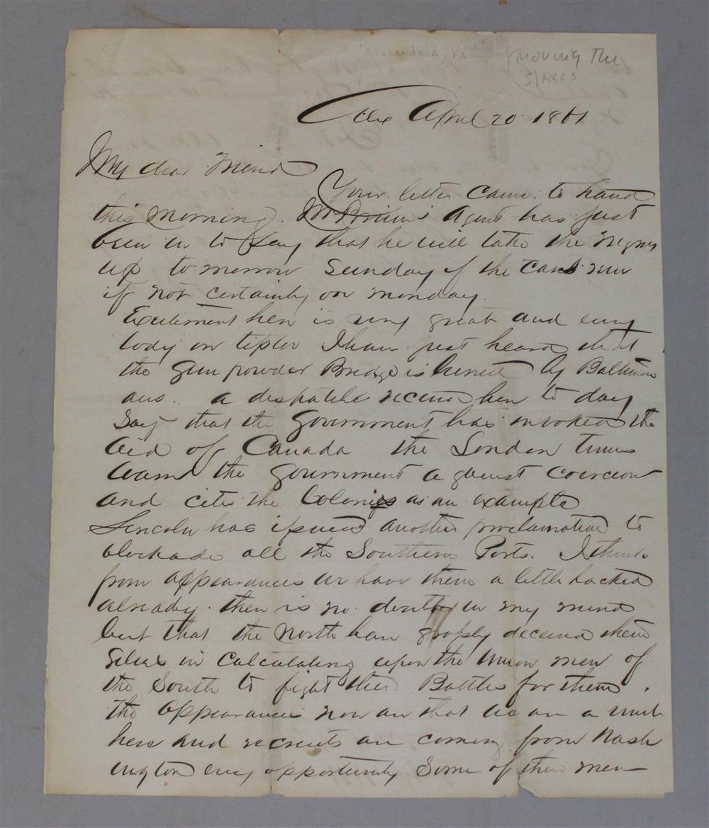 Appraisal: CIVIL WAR MANUSCRIPT LETTER FROM ALEXANDRIA VIRGINIA BANKER JOHN W