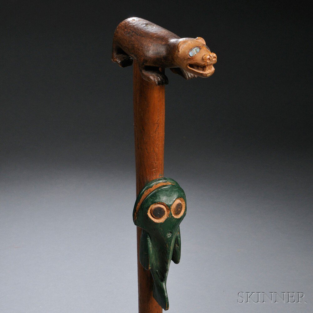 Appraisal: Northwest Coast Carved Wood Walking Stick with green painted fish