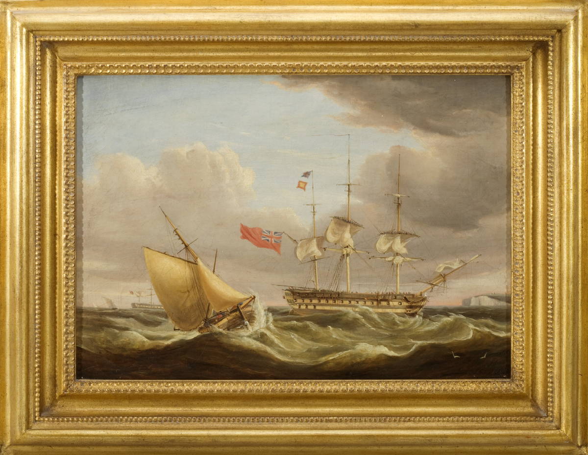 Appraisal: PAIR OF PAINTINGS OF BRITISH SHIPS IN THE CHANNEL OFF