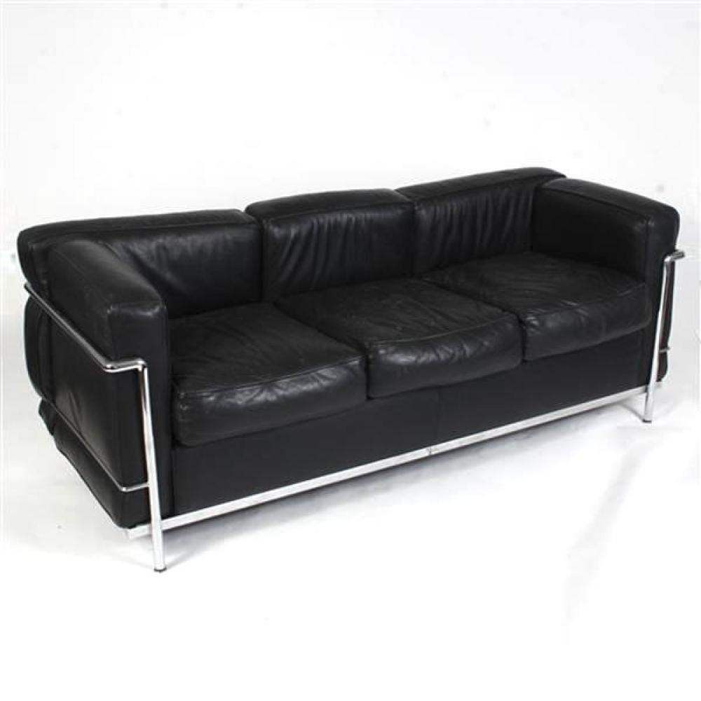 Appraisal: LE CORBUSIER LC BLACK LEATHER AND CHROME THREE SEAT SOFA