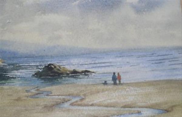 Appraisal: English school th century Figures on the shoreline at low