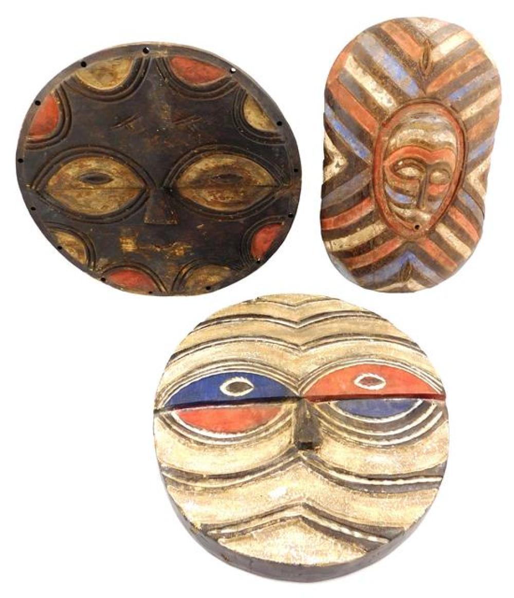 Appraisal: TRIBAL Two Teke style masks and one Songe type shield