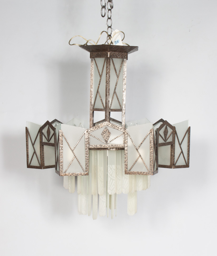 Appraisal: Art Deco nickel-plated and prism chandelier -candelabra and interior lights