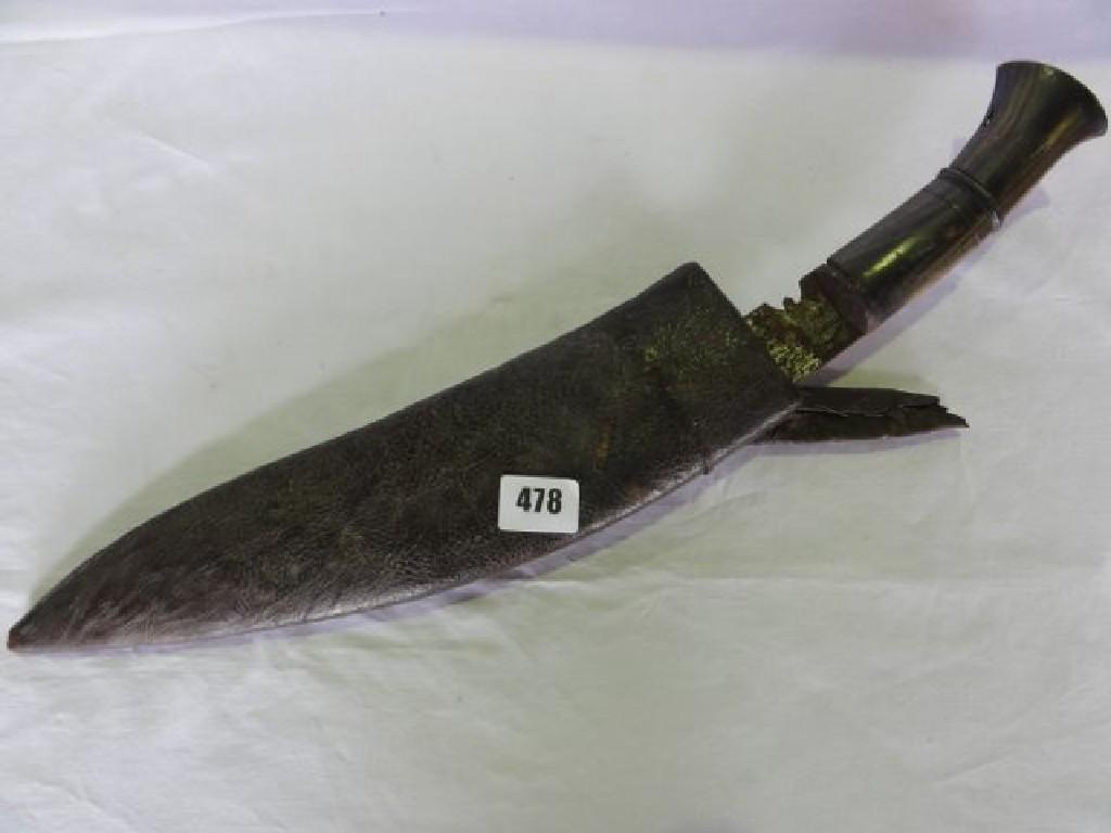 Appraisal: A th century knife with horn handle and leather scabbard