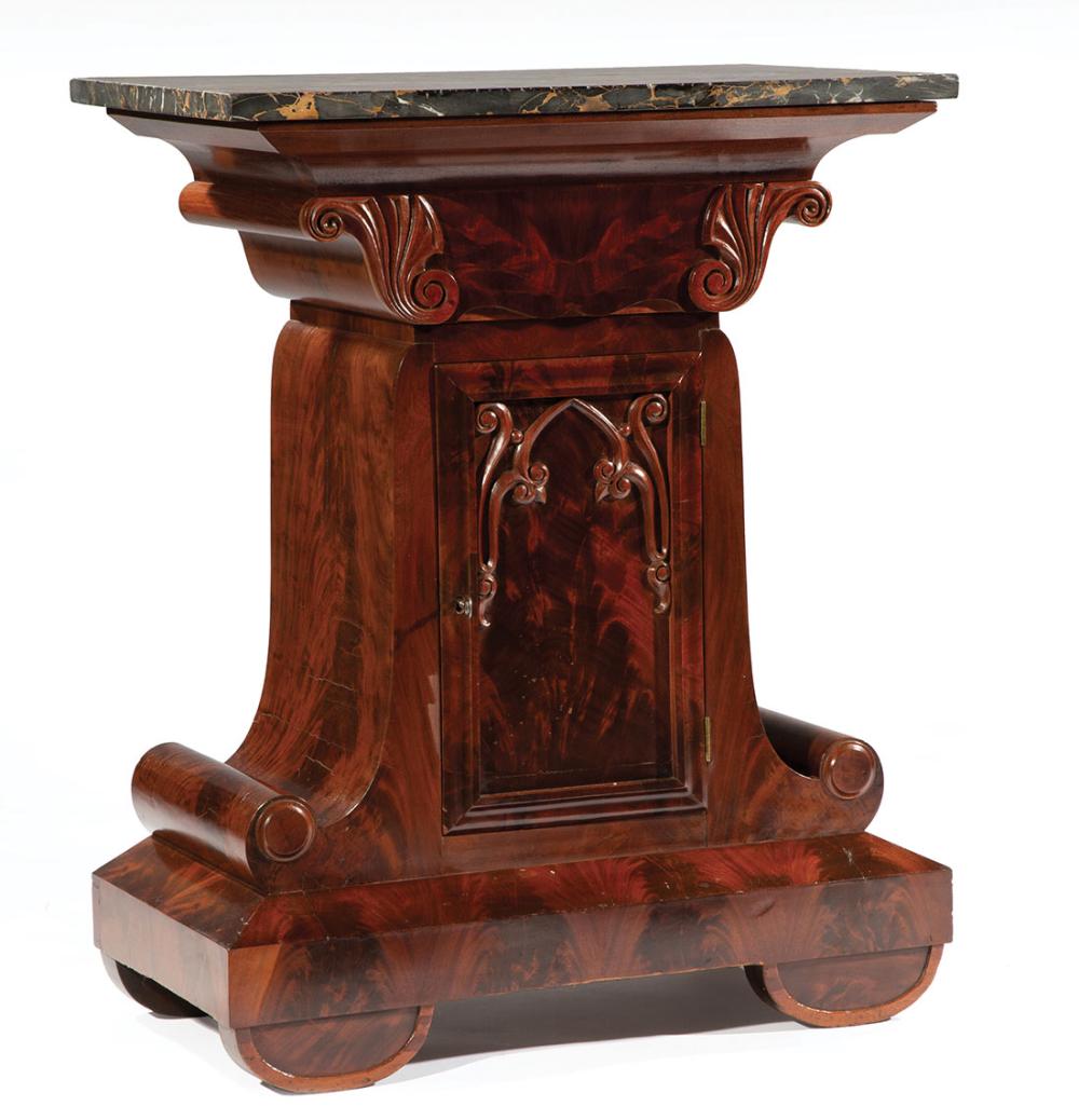 Appraisal: American Classical Carved Mahogany Mixing Cabinet c Egyptian marble top