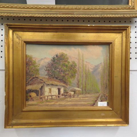 Appraisal: Alberto Lebos Oil Haitian Scenewith cottage ox cart on artist