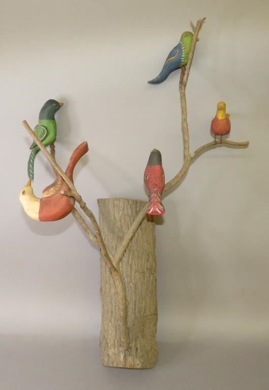 Appraisal: FOLK ART CARVED WALL MOUNTED BIRD TREE BY WALTER ca