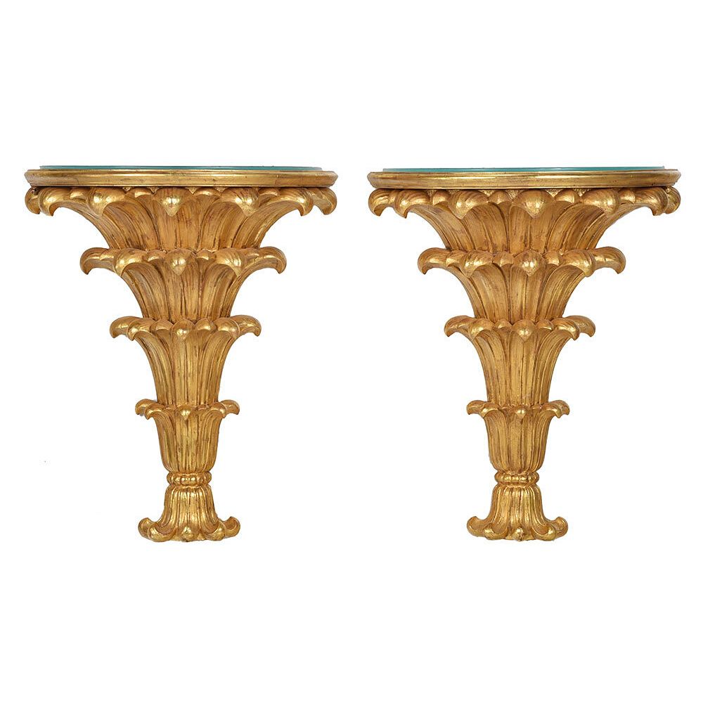 Appraisal: Fine Pair Art Deco Giltwood Lighted Consoles probably French circa