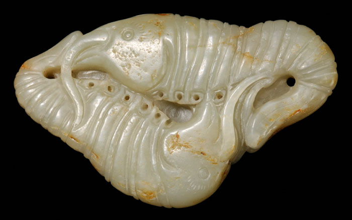 Appraisal: Jade Prawn Pair Ming or earlier grayish-white with russet inclusions