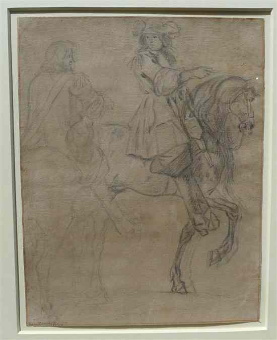 Appraisal: Van der Meulen black chalk Gentleman on horseback x in