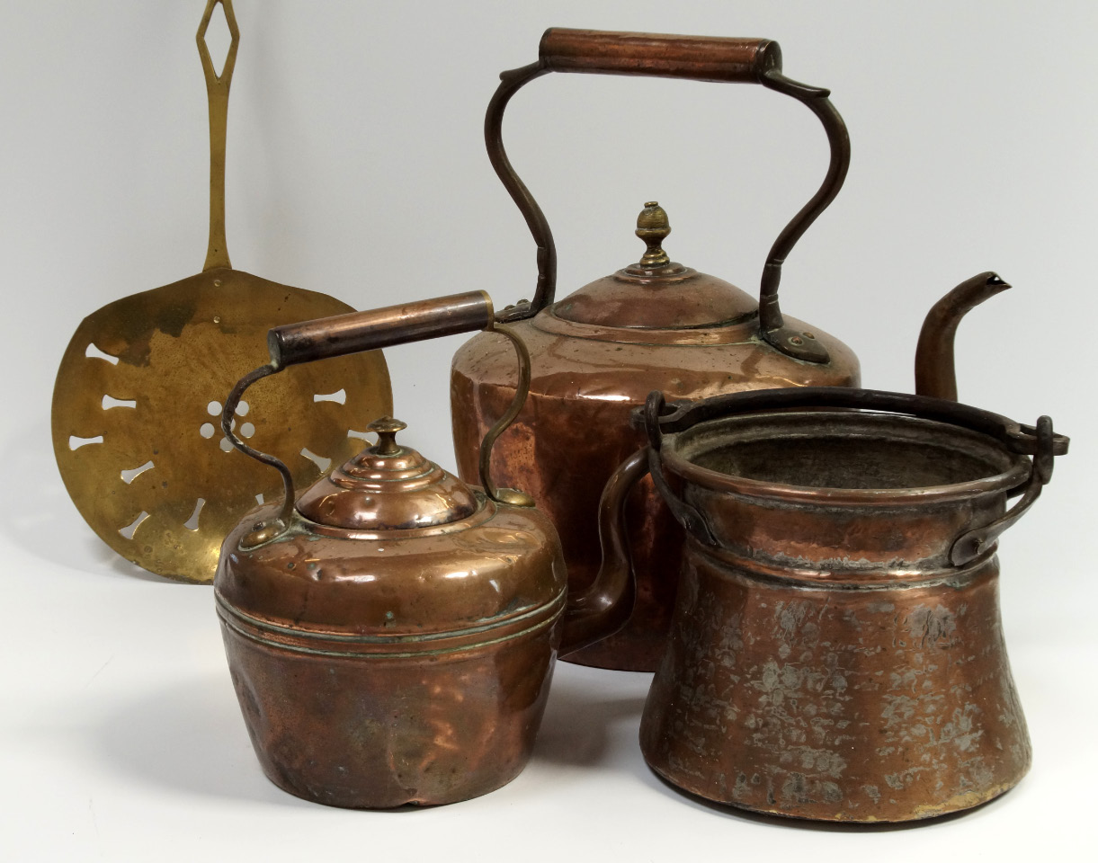 Appraisal: Three copper kettles with trivet stands etc contents of one