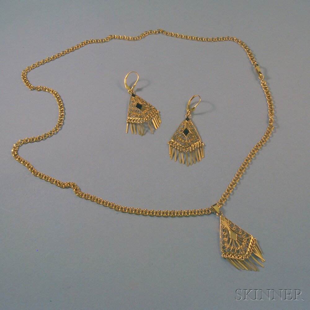 Appraisal: Pair of kt Gold Filigree Earpendants and Matching Pendant on