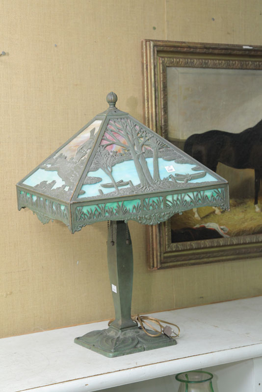 Appraisal: TABLE LAMP Foliate cast brass base having a polychrome slag