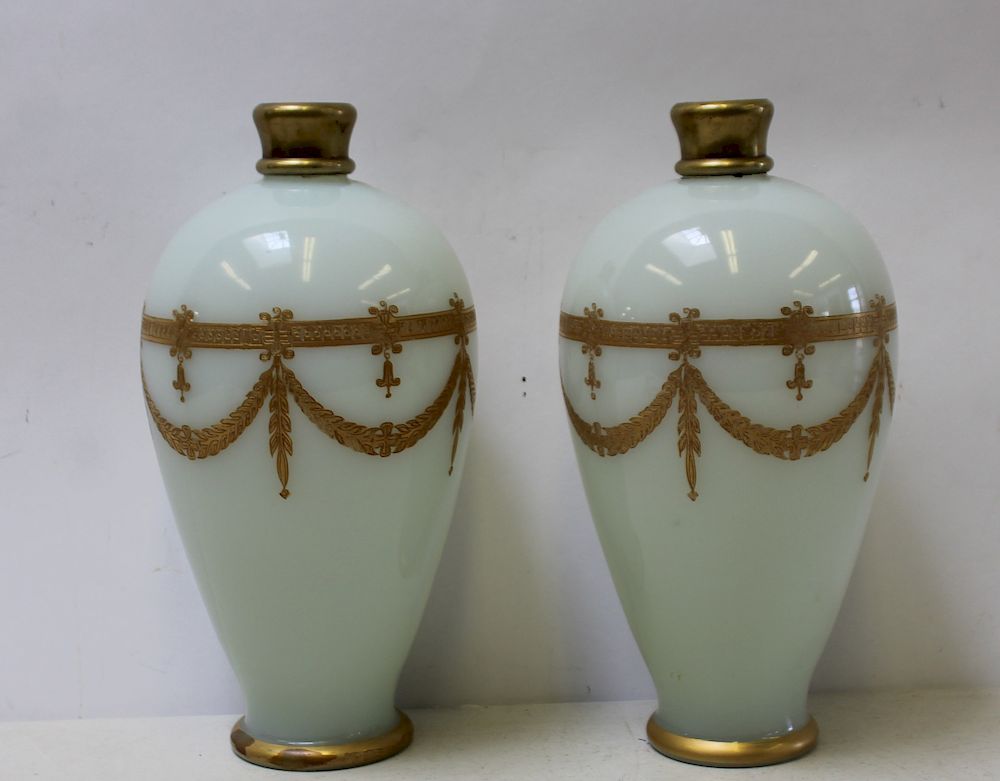 Appraisal: Pair of Gilt Decorated Opaline Glass Vases Lamps Are drilled