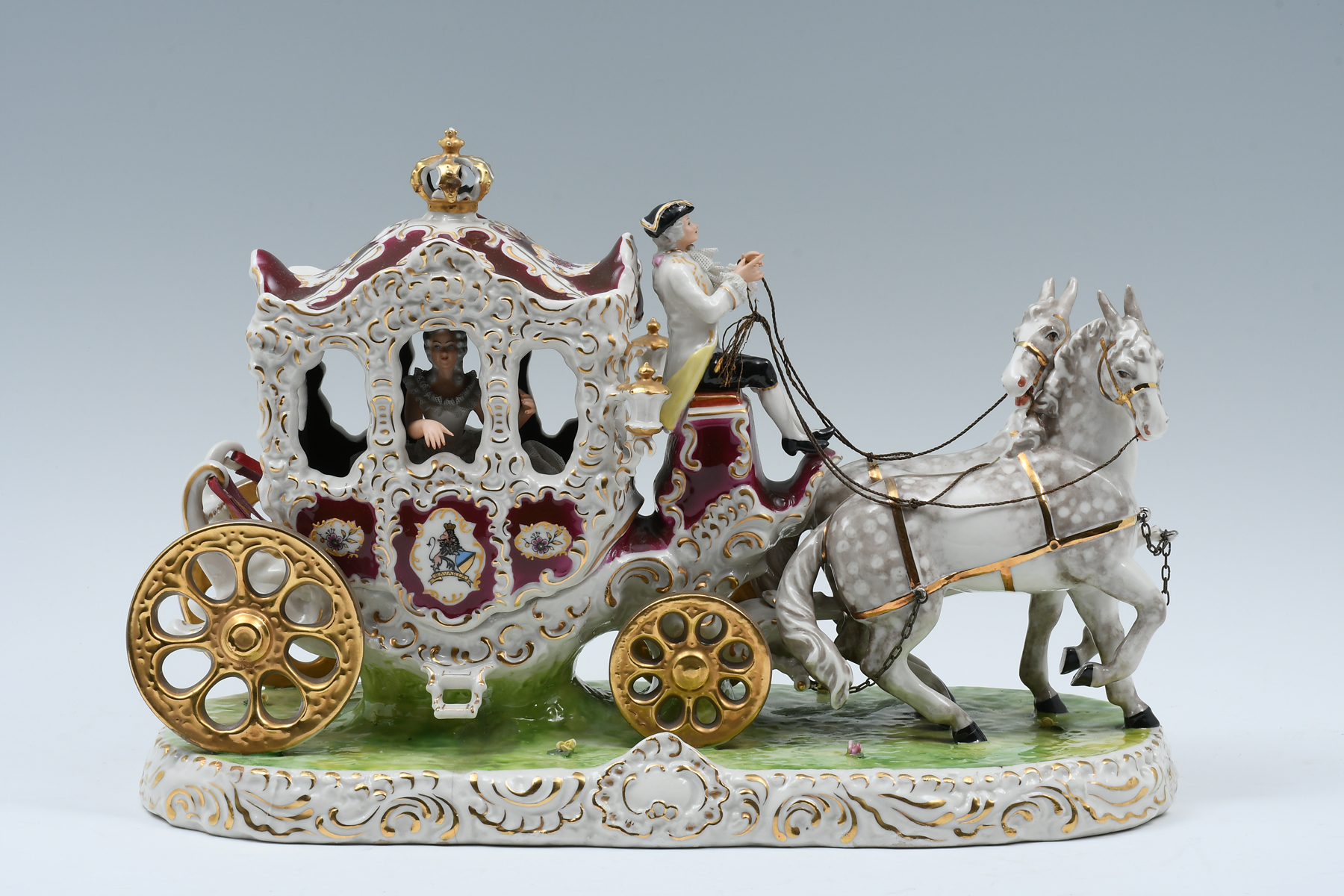 Appraisal: DRESDEN PORCELAIN HORSE DRAWN CARRIAGE Dresden porcelain horse drawn Royal