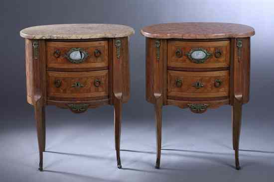 Appraisal: PAIR LOUIS XV STYLE KINGWOOD PARQUETRY INLAID KIDNEY-SHAPED COMMODES th