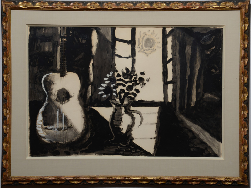 Appraisal: th Century School Still Life with Guitar Ink wash with