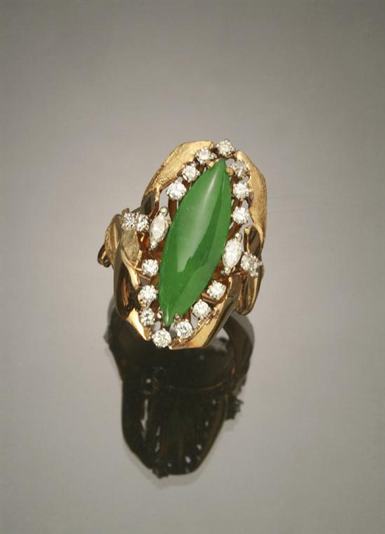 Appraisal: Tested -Karat Yellow-Gold Green Jadeite Jade and Diamond Dinner Ring