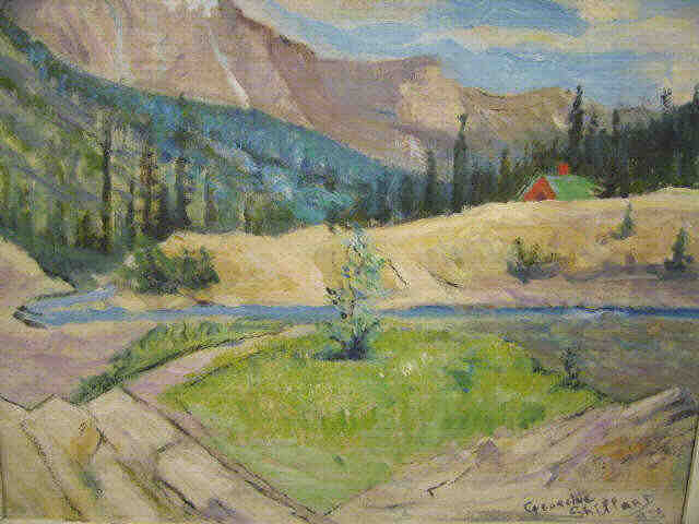 Appraisal: Georgine Shillard Oil on Board landscape with farm mountains stream