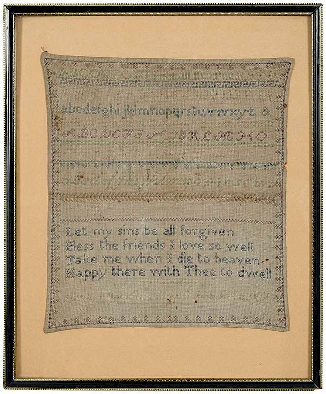 Appraisal: Alphabet and Verse Needlework probably American signed bottom Alice Fitzjohn