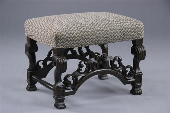 Appraisal: CONTINENTAL CARVED WALNUT UPHOLSTERED BENCH th century possibly Italian Padded