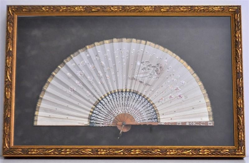 Appraisal: FRAMED HAND PAINTED SILK FAN SHADOWBOX Antique Delicate Hand Painted