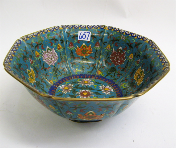 Appraisal: CHINESE CLOISONNE ENAMEL CENTER BOWL octagonal paneled form decorated with