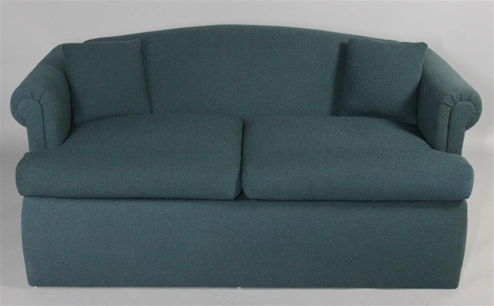 Appraisal: TEAL BOUCLE LOVESEAT a tight back above two loose box