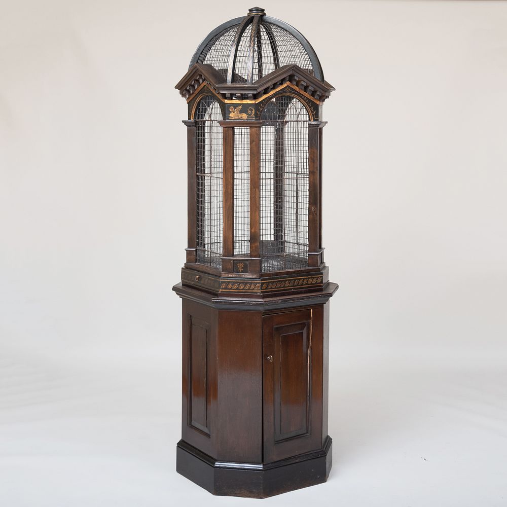 Appraisal: Regency Style Black Painted and Parcel-Gilt Bird Cage on a