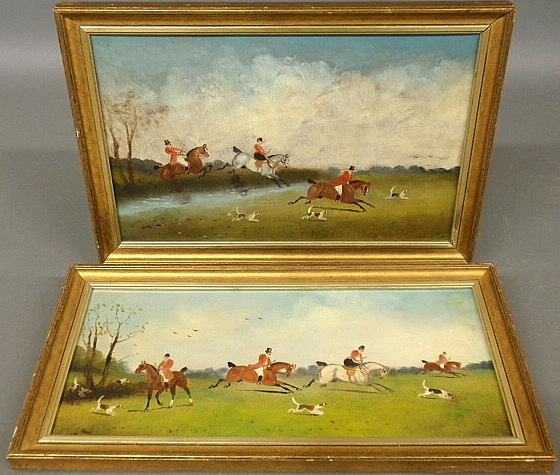 Appraisal: - Two oil on board fox hunting paintings probably late