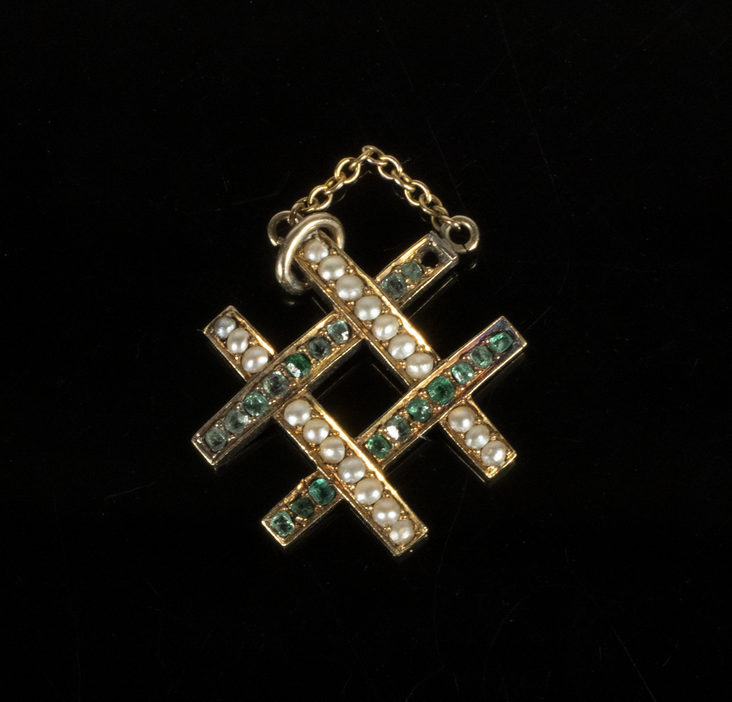 Appraisal: GOLD GEM-SET PENDANT Crosshatch Design Pendant set with seed pearls