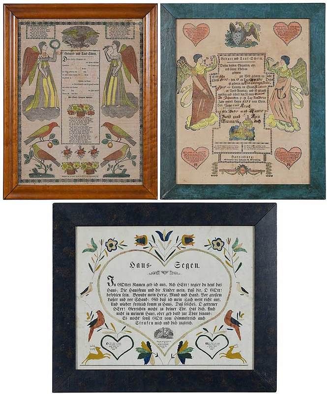 Appraisal: Three Pennsylvania Fraktur th century dated printed with watercolor over