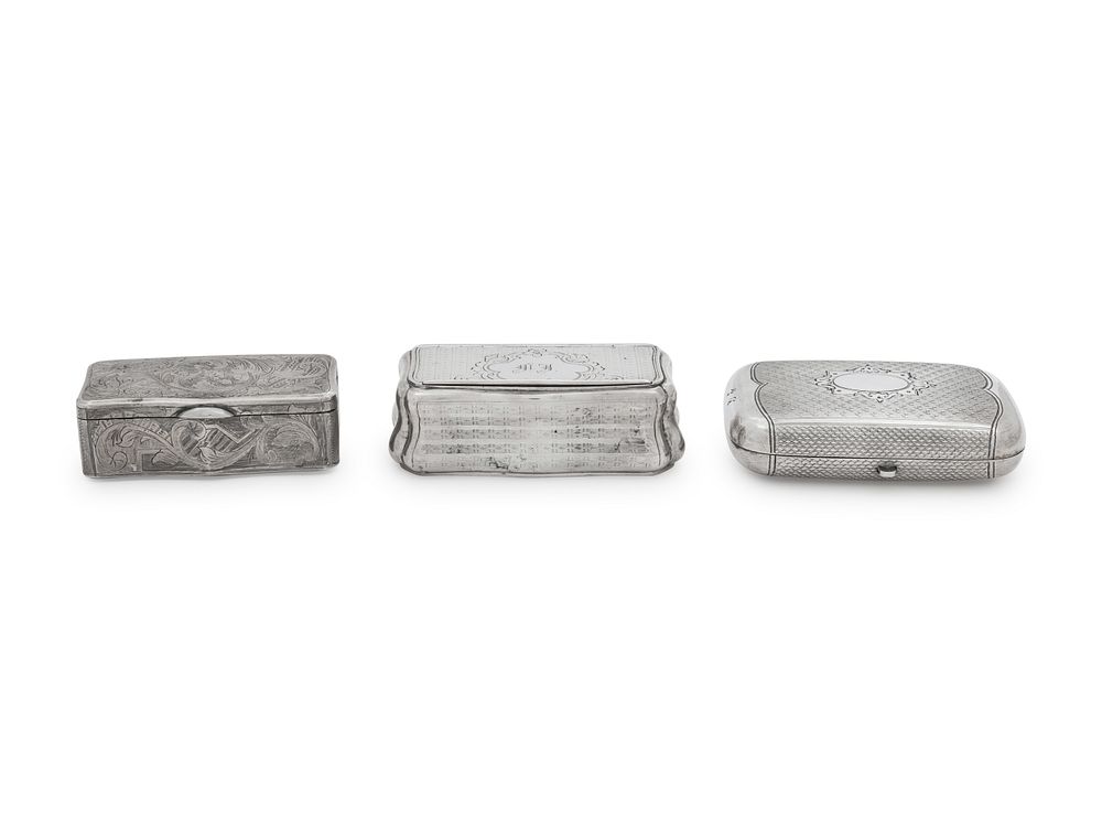 Appraisal: Three Continental Silver Snuff Boxes Three Continental Silver Snuff Boxes